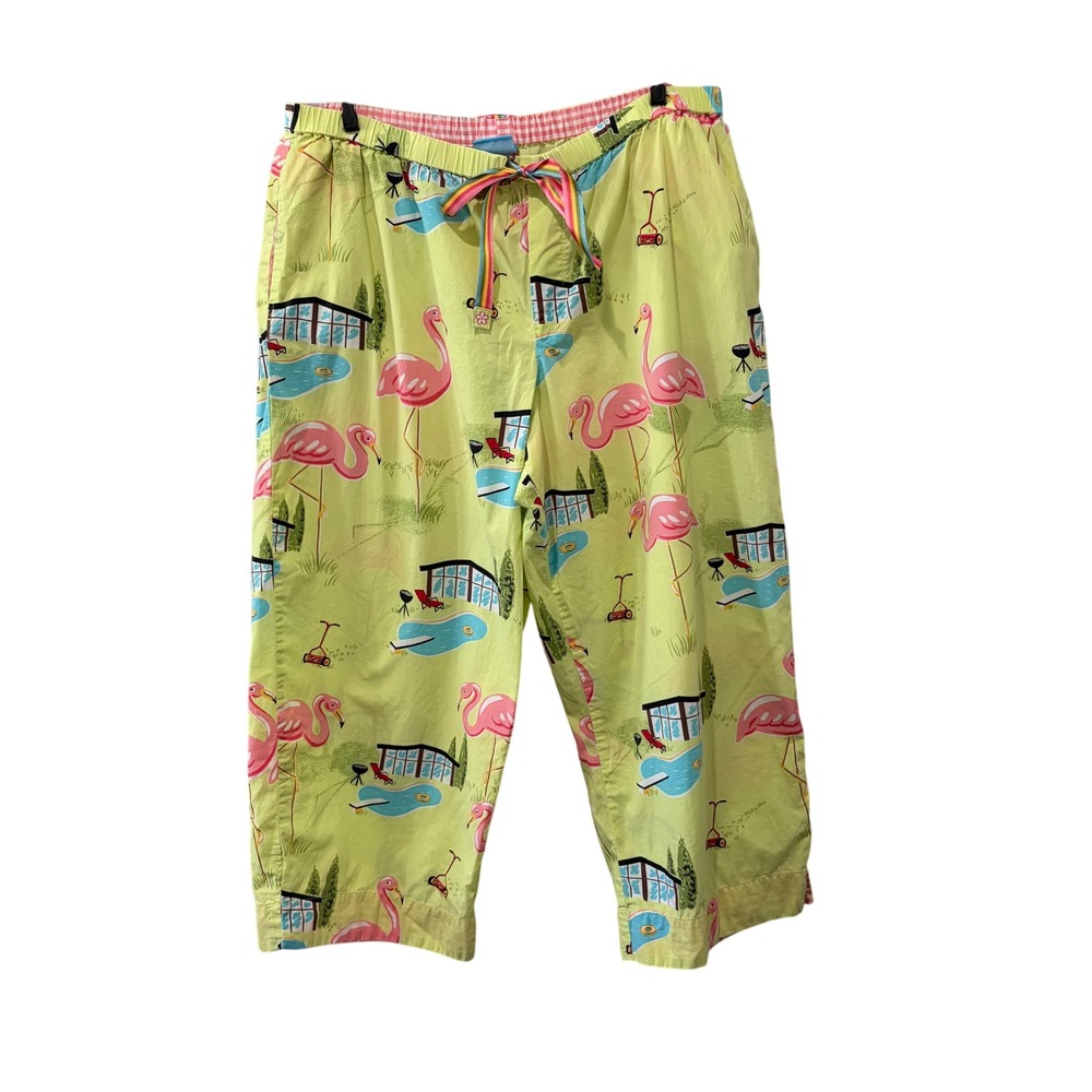 Nick & Nora Pajama Pants Women Large Green Pink Flamingo Retro Mod Novelty